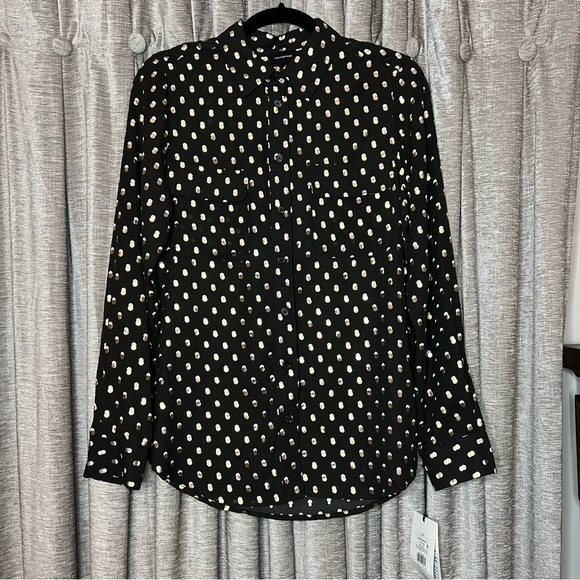 NWT Who What Wear Black Button Down Shirt with Gold & White Polka Dots Medium - Picture 5 of 14